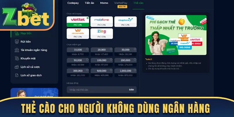 Nạp thẻ cào cho hội viên không dùng ngân hàng